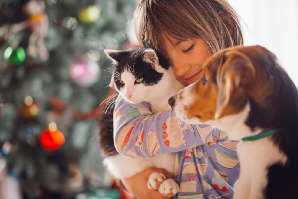 ypets: mulher abraça seu gato e seu cachorro está ao lado. Ela demonstra carinho por seus bichos de estimação.